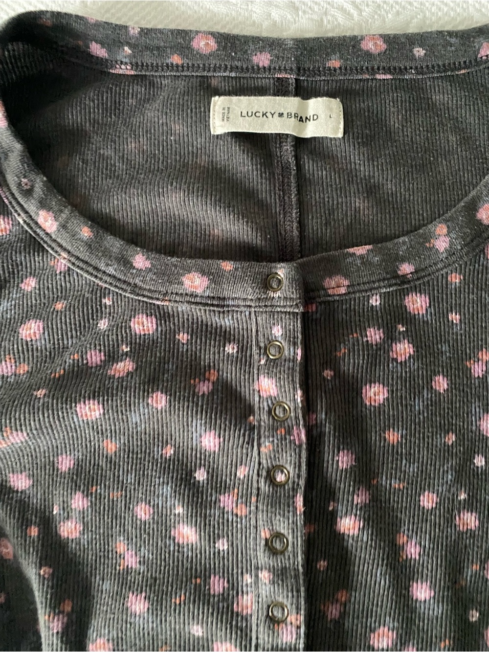 Lucky Brand Charcoal Top with Pink Dot Print Henley